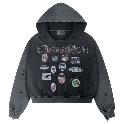 Stile De Amor Sfera Hoodie front in washed charcoal with STILE AMOR wordmark and oval photo patches