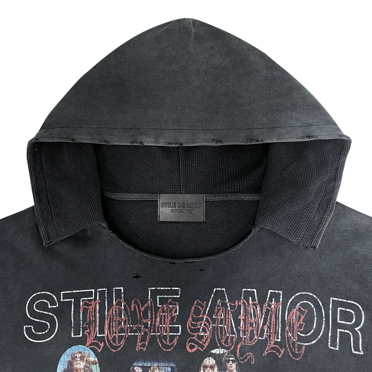 Close-up of the hood and STILE AMOR lettering on the Stile De Amor Sfera Hoodie