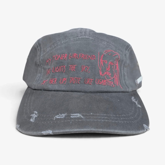 Bottega Desires Stoner Girlfriend Hat front in washed grey with red embroidered text and sketched face