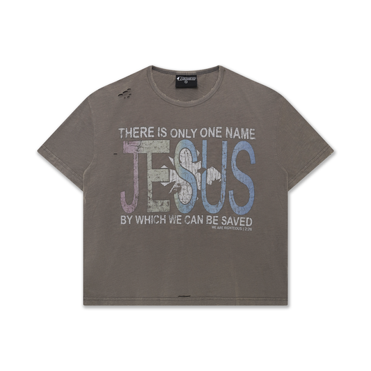 We Are Righteous One Name T-Shirt front in washed mocha with cracked There Is Only One Name Jesus print