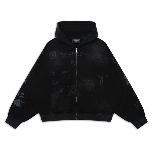 We Are Righteous Pop Star Zip Hoodie front in washed black with faded tonal sketch graphics and full zip