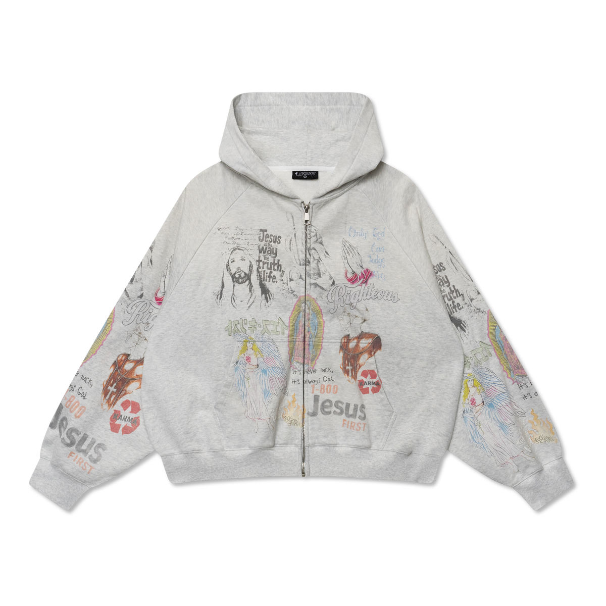 We Are Righteous Shibuya Zip Hoodie front in heather grey with all-over colour collage of Jesus portraits and stamps