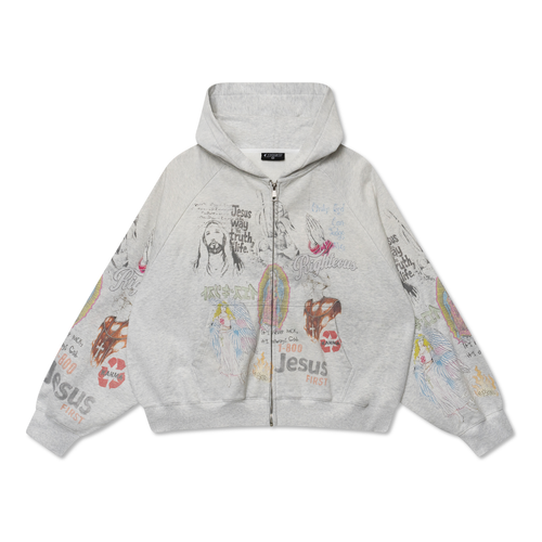 We Are Righteous Shibuya Zip Hoodie front in heather grey with all-over colour collage of Jesus portraits and stamps