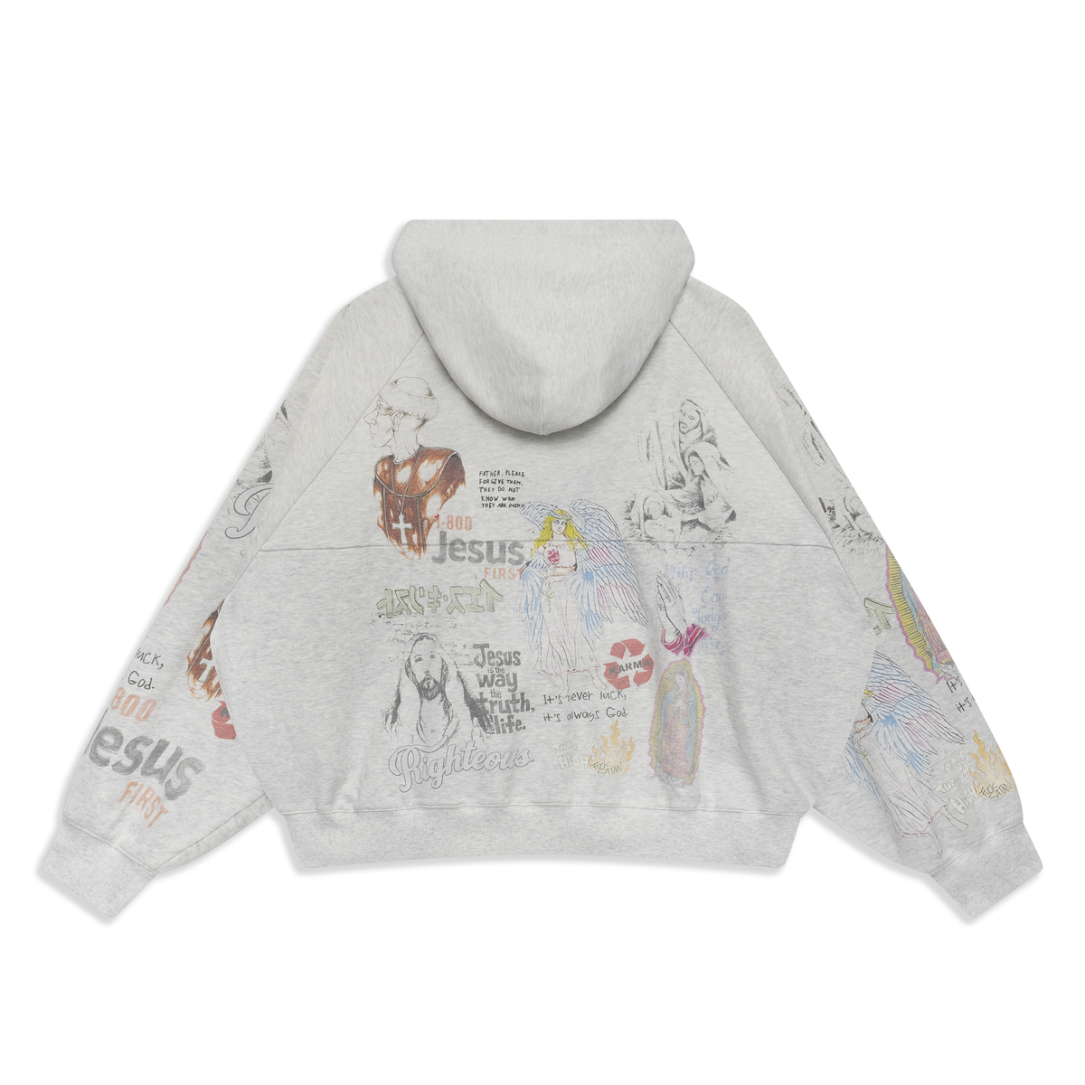 Back of the We Are Righteous Shibuya Zip Hoodie with all-over collage graphics