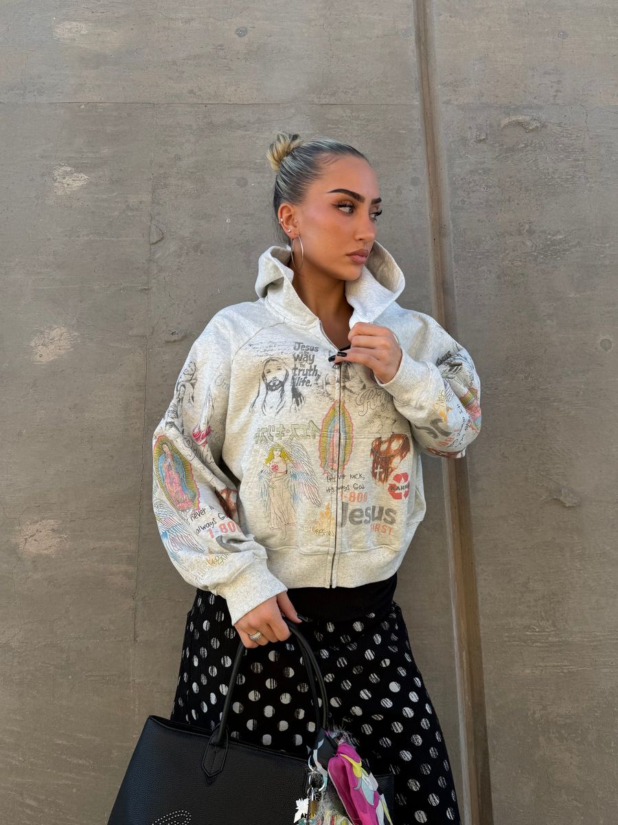 Model wearing the heather grey We Are Righteous Shibuya Zip Hoodie