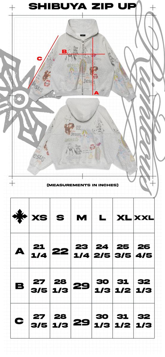 We Are Righteous Shibuya Zip Hoodie size chart in inches with lettered measurement diagram