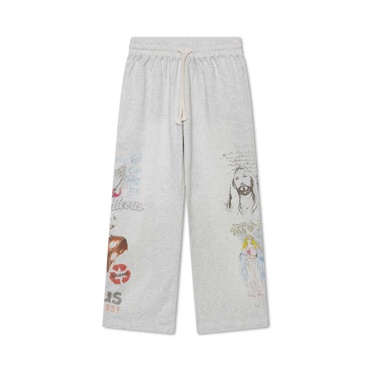 We Are Righteous Shibuya Sweatpants front in heather grey with collage prints and white drawcord