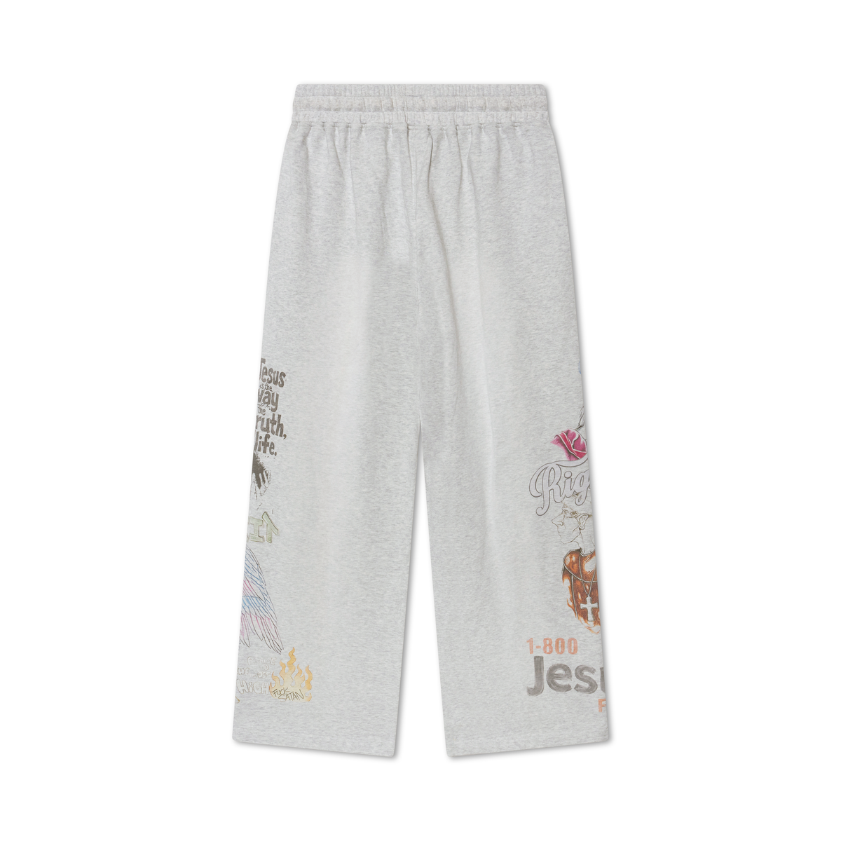 Back of the heather grey We Are Righteous Shibuya Sweatpants with Jesus lettering