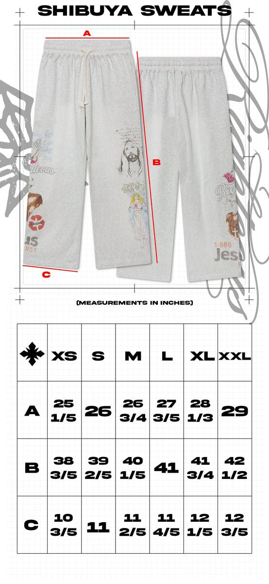 We Are Righteous Shibuya Sweatpants size chart in inches with lettered measurement diagram