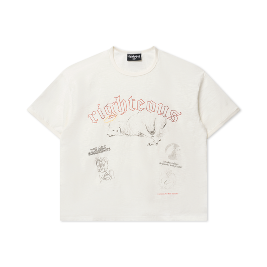 We Are Righteous Bound T-Shirt front in cream with rhinestone righteous lettering and pencil sketch graphics