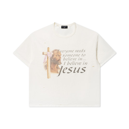 We Are Righteous My Belief T-Shirt front in off-white with faded Jesus and cross photo print and script text