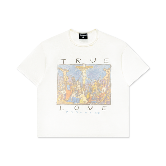 We Are Righteous True Love Slub T-Shirt front in off-white with TRUE and LOVE framing a crucifixion painting print