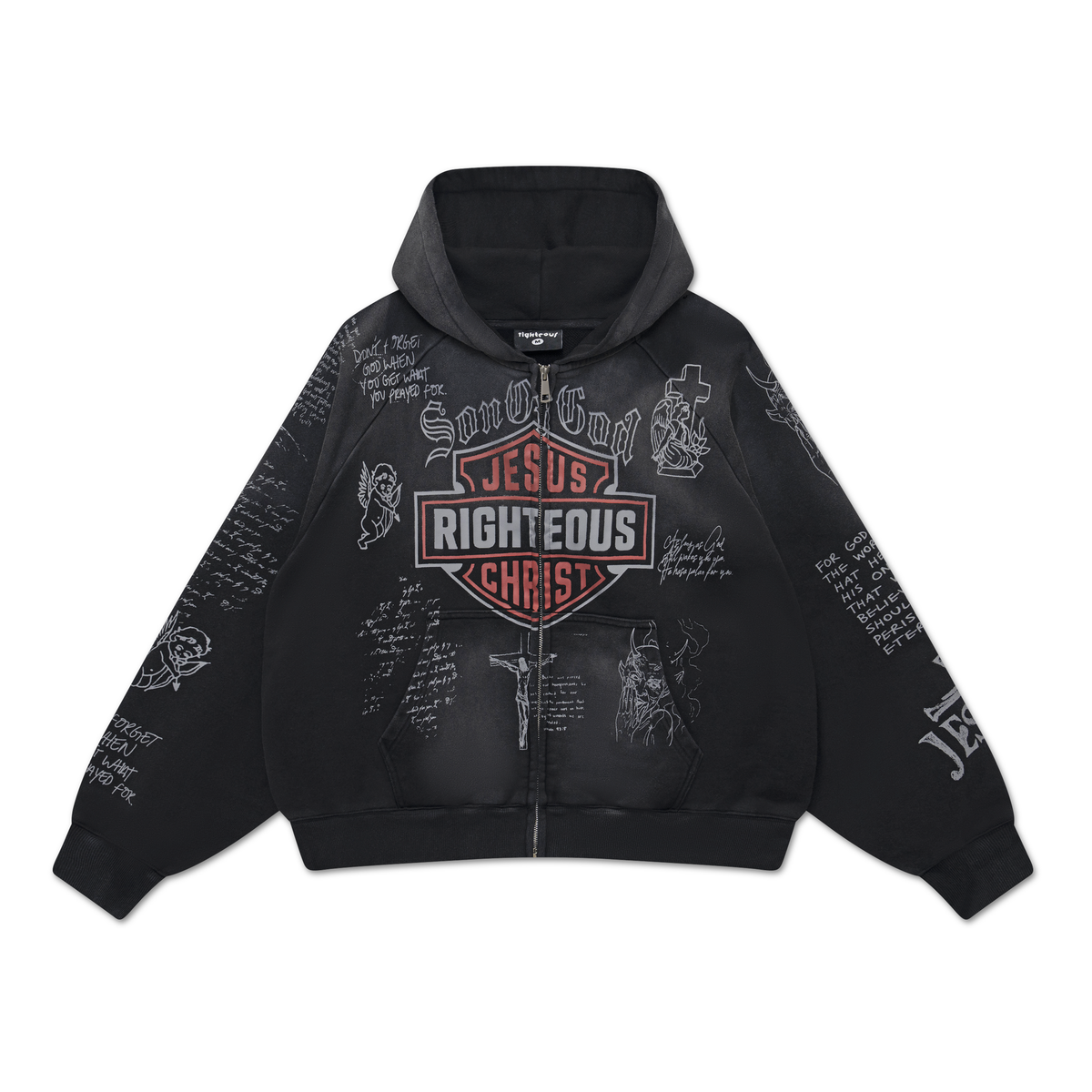 We Are Righteous Harley Zip Hoodie front in washed black with Jesus Righteous Christ shield badge and white sketches