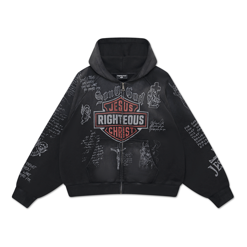 We Are Righteous Harley Zip Hoodie front in washed black with Jesus Righteous Christ shield badge and white sketches