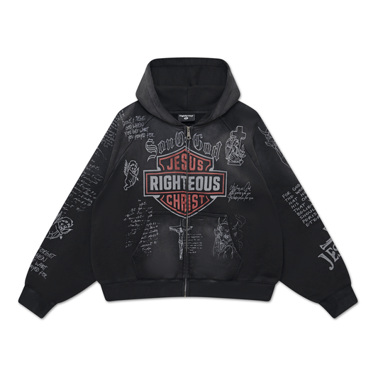 We Are Righteous Harley Zip Hoodie front in washed black with Jesus Righteous Christ shield badge and white sketches
