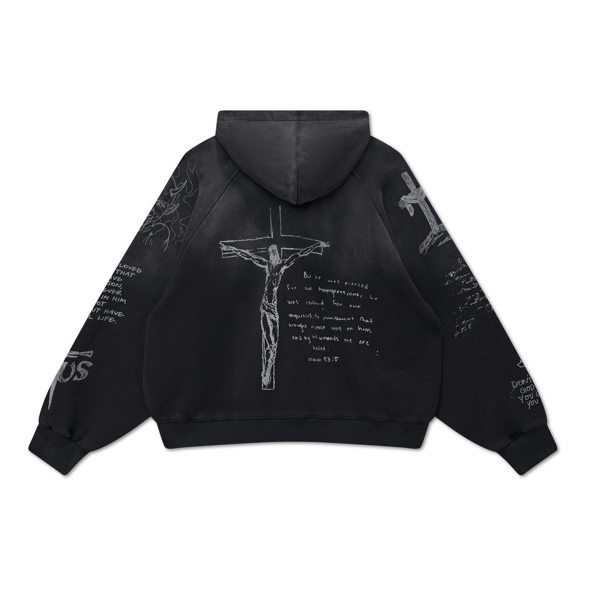 Back of the We Are Righteous Harley Zip Hoodie with crucifix sketch and handwritten text
