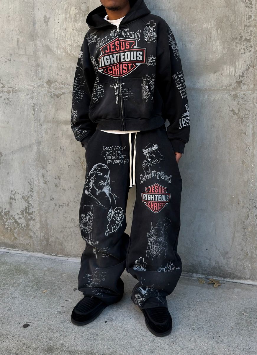 Model in the full We Are Righteous Harley set showing the shield badges