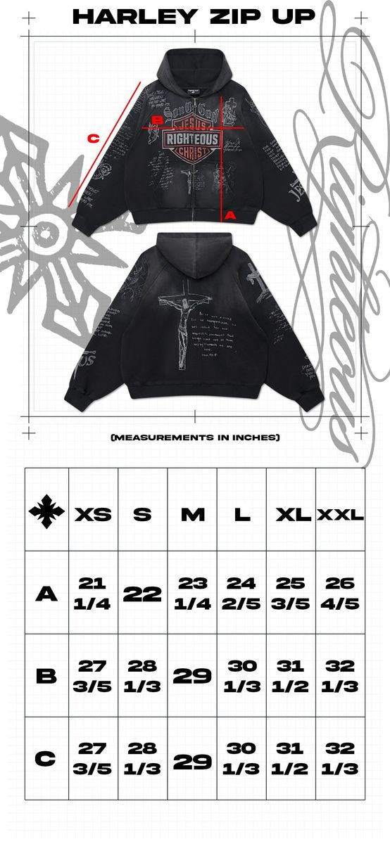 We Are Righteous Harley Zip Hoodie size chart in inches with lettered measurement diagram