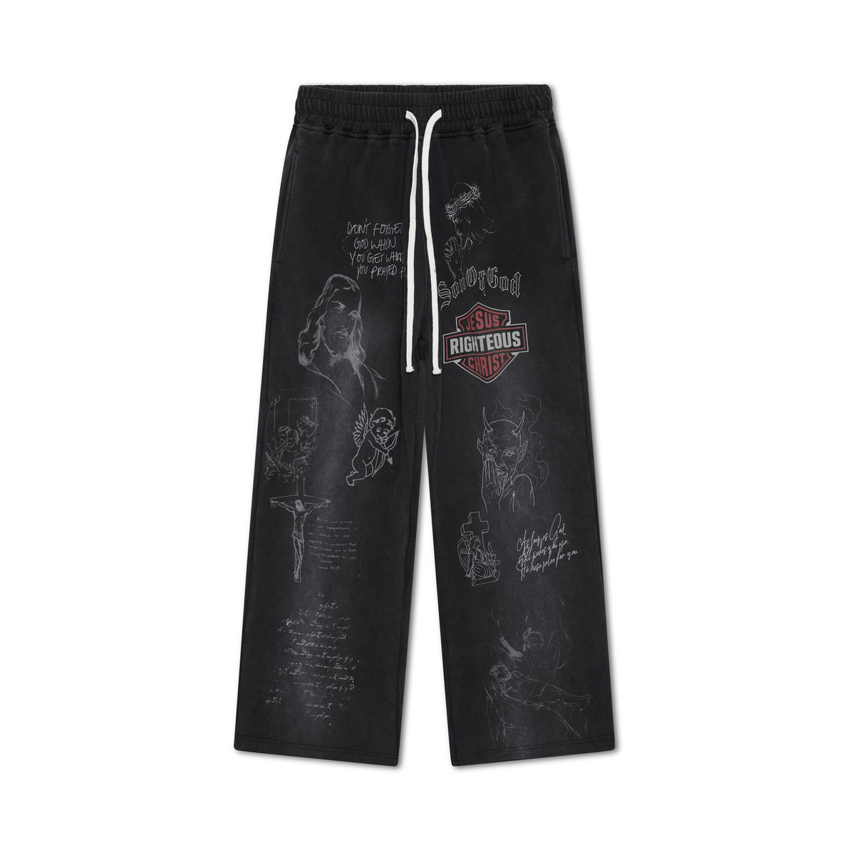 We Are Righteous Harley Sweatpants front in washed black with shield badge, white sketches and white drawcord