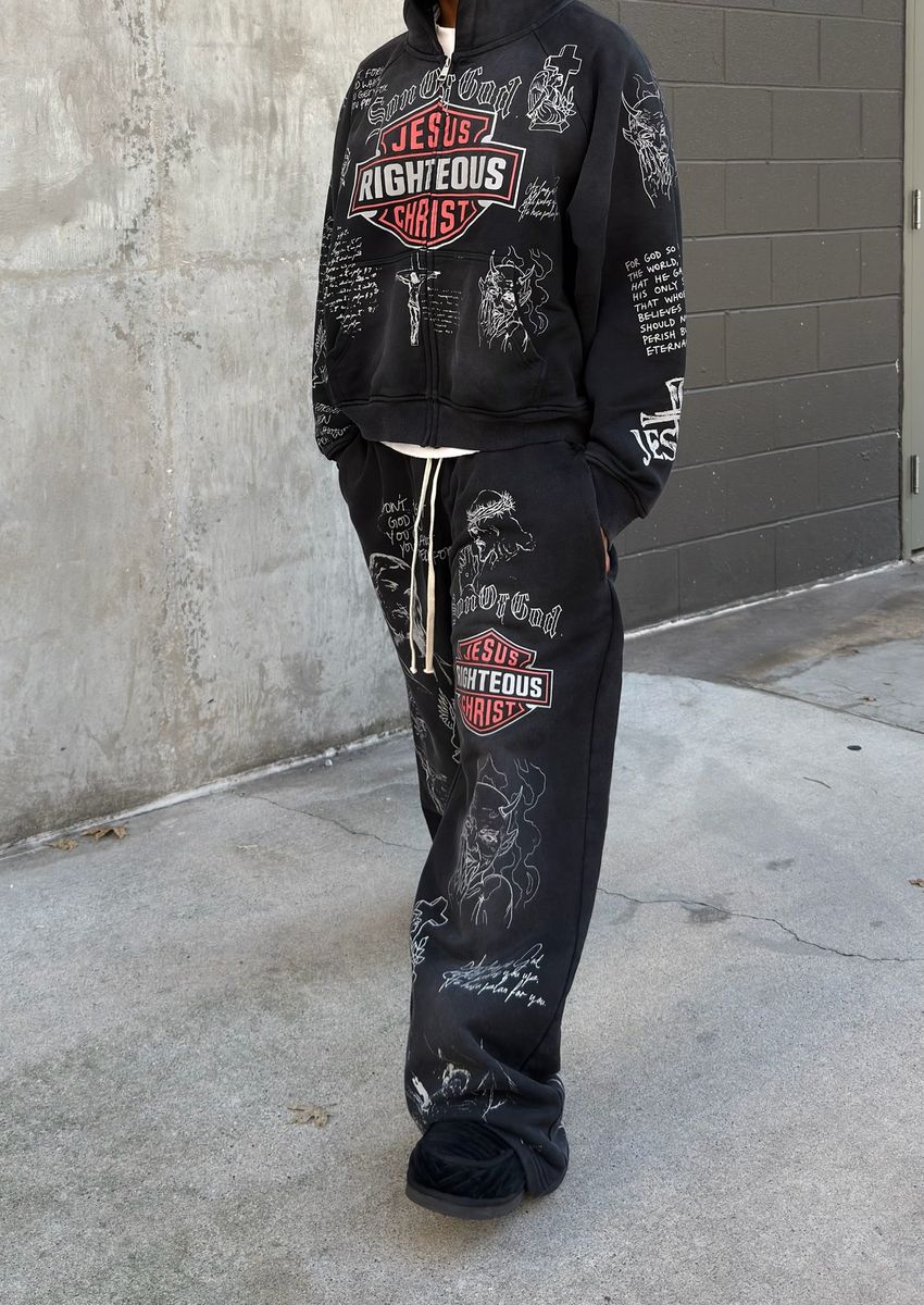 Model wearing the We Are Righteous Harley Sweatpants with the Harley Zip Hoodie