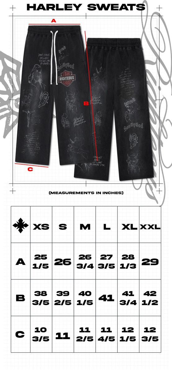 We Are Righteous Harley Sweatpants size chart in inches with lettered measurement diagram