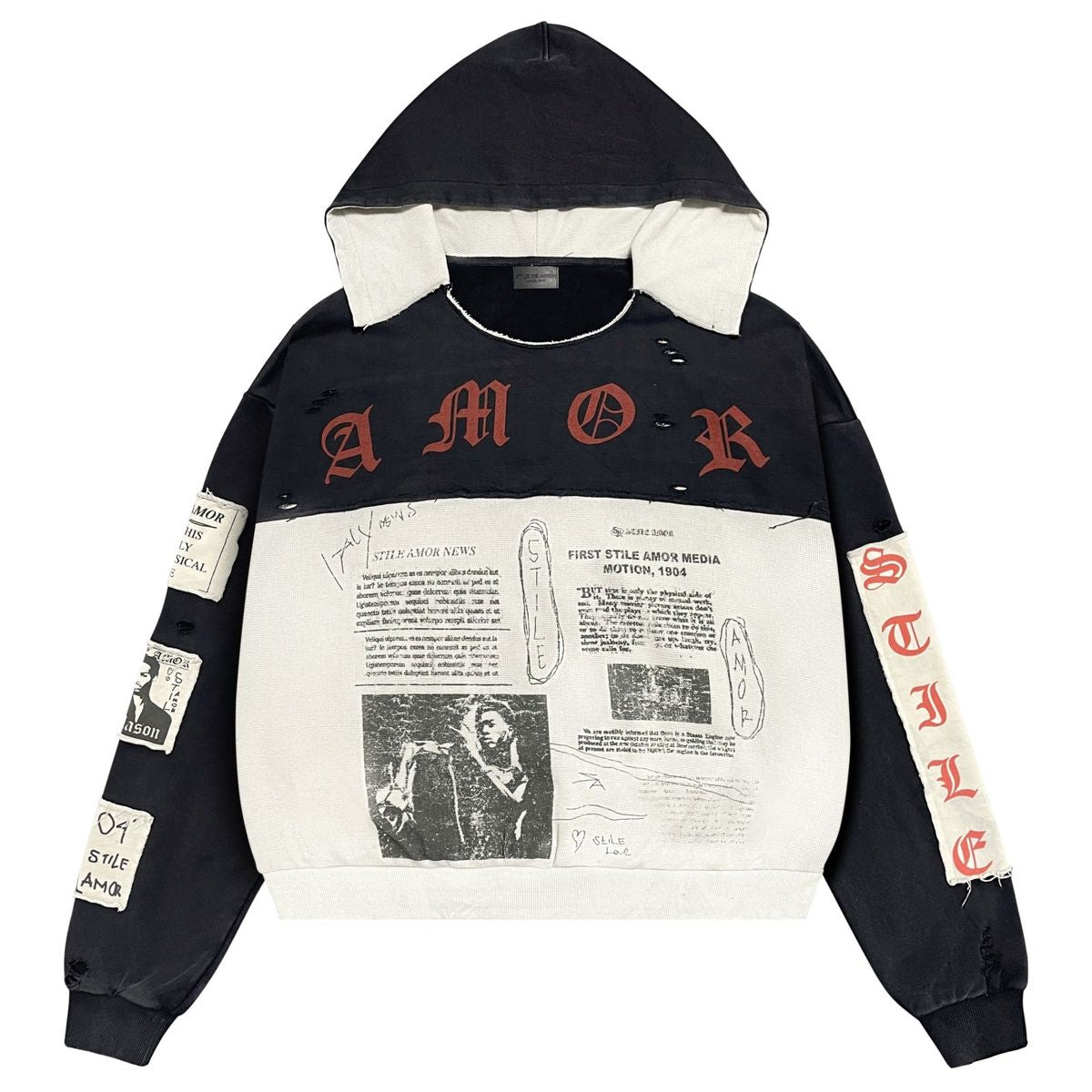 Stile De Amor Nero Patch Hoodie front in faded black with cream newsprint panel and red gothic AMOR lettering
