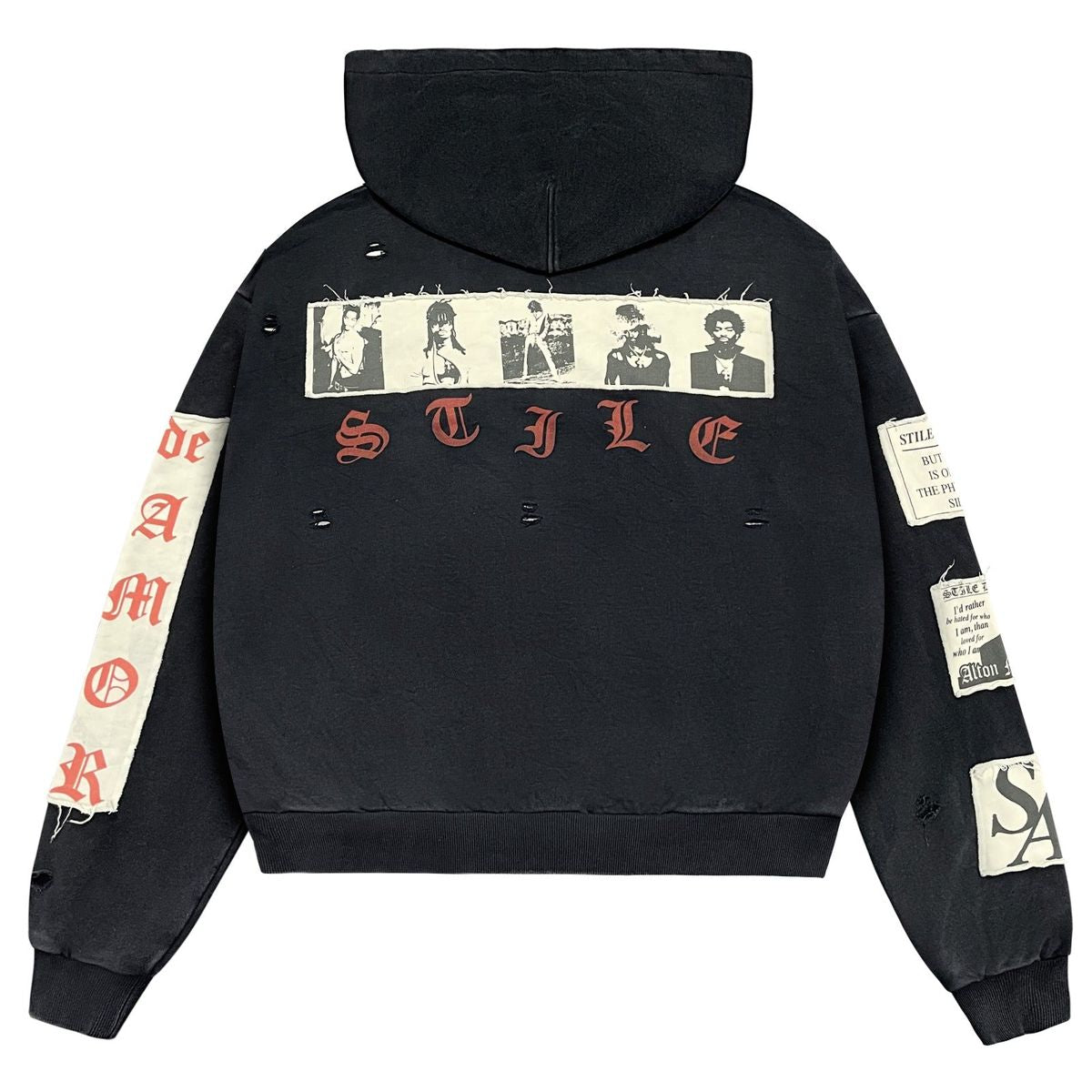 Back of the Stile De Amor Nero Patch Hoodie with photo strip and red STILE lettering