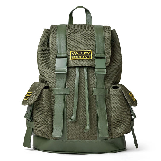 Vale Soldier Backpack front in olive textured mesh with buckle flap and yellow Valley Dreams patch