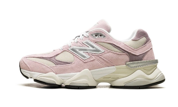 New Balance 9060 Rose Sugar, side profile of pale pink suede and mesh runner with grey N and cream midsole