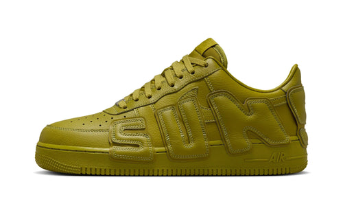 Nike Air Force 1 CPFM Moss, side profile of the olive-green leather low with raised tonal SUN lettering