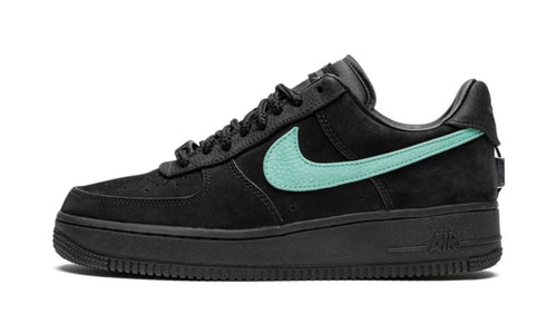 Nike Air Force 1 Tiffany & Co 1837, black suede low with a mint blue swoosh and blacked-out midsole