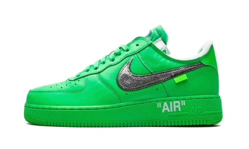 Nike Off-White Air Force 1 Low Brooklyn, bright green leather low-top with silver glitter swoosh and AIR text on the midsole