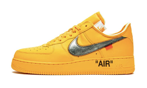 Nike Off-White Air Force 1 Low Lemonade, golden yellow leather low-top with silver glitter swoosh and AIR on the midsole