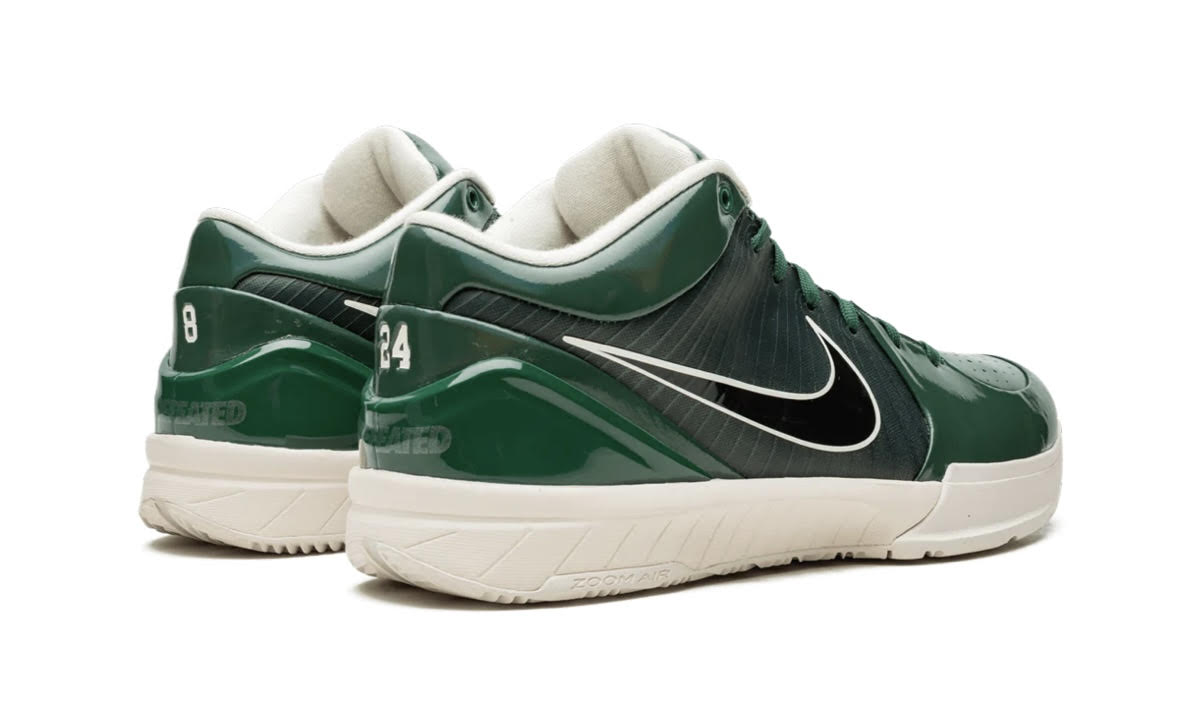 Nike Kobe 4 Protro Undefeated Milwaukee Bucks, heels of the green pair with white 8 and 24 numbers