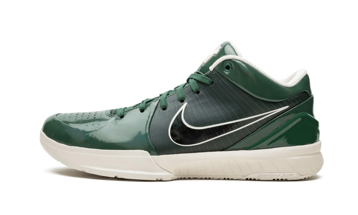 Nike Kobe 4 Protro Undefeated Milwaukee Bucks, side view of a dark green patent low-top with white Swoosh and cream midsole
