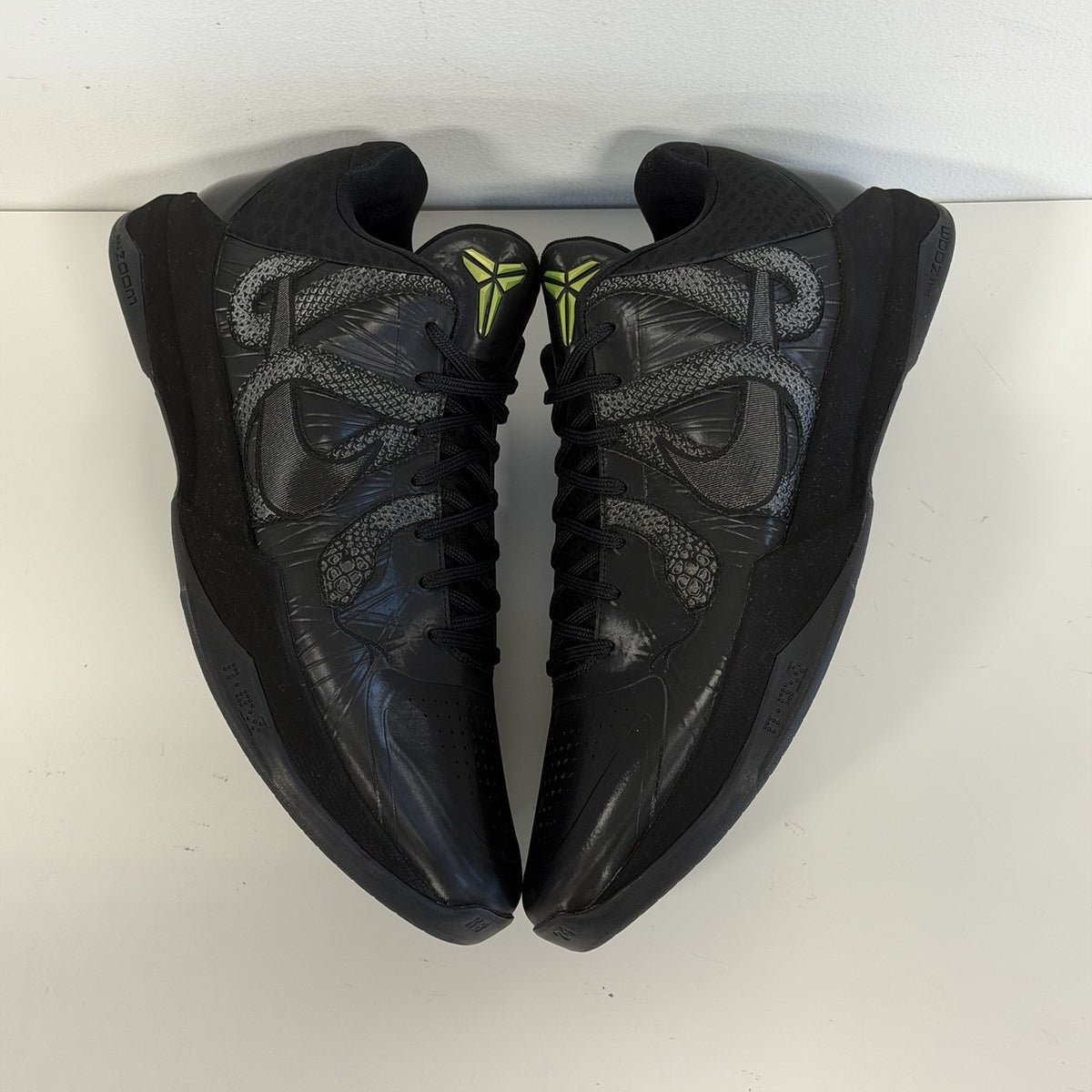 Nike Kobe 5 Protro Year of the Mamba Black, toe-to-toe top view of the pair