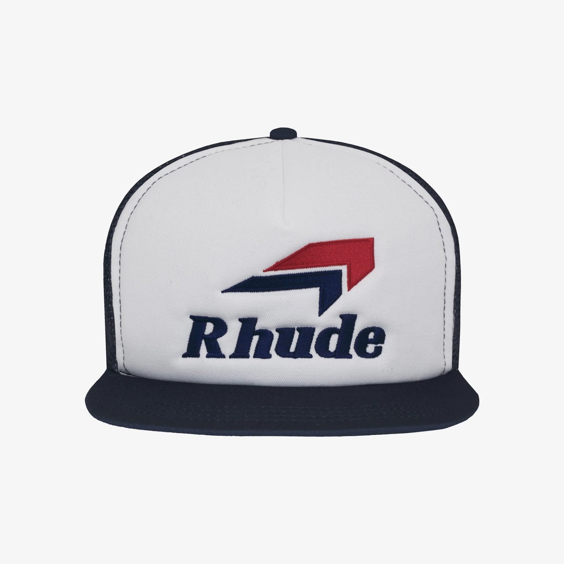 Rhude White Navy Speedmark Trucker Hat Front