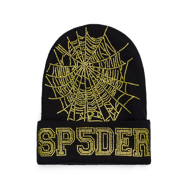 Sp5der Black Gold Rhinestone Web Beanie front