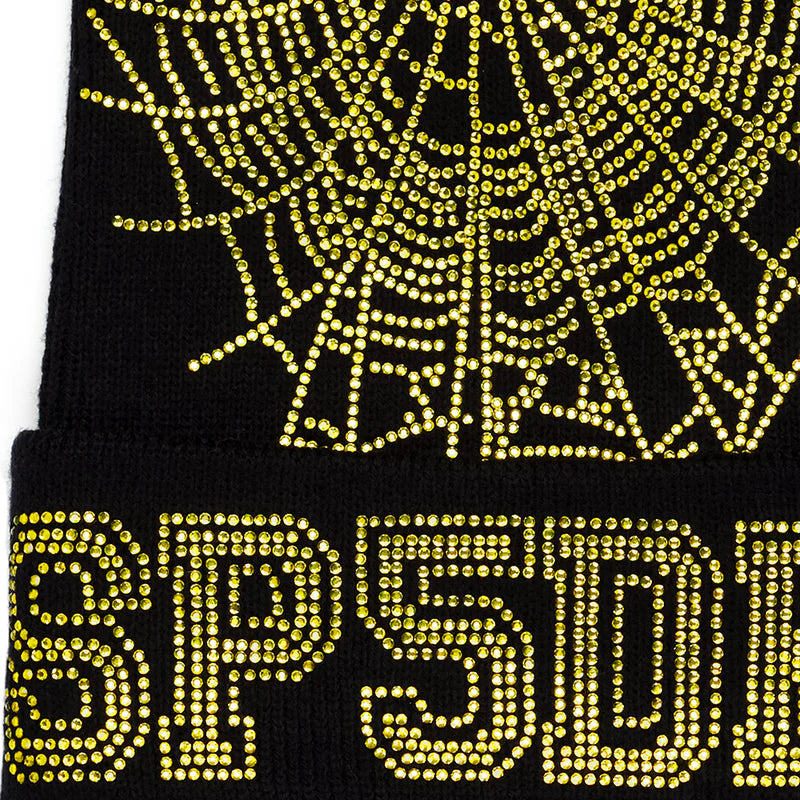 Sp5der Black Gold Rhinestone Web Beanie Close