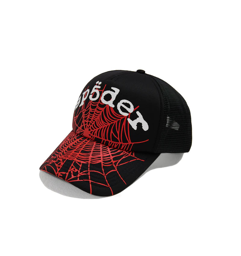 Sp5der Black Red OG Web V2 Trucker Hat Front