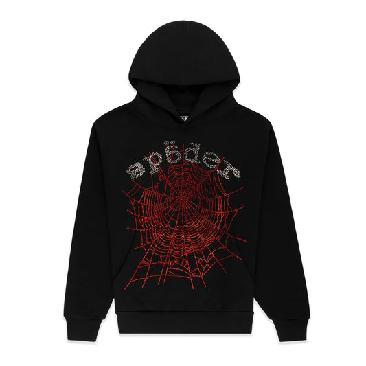 Sp5der Black Red Rhinestone OG Web V2 Hoodie Front