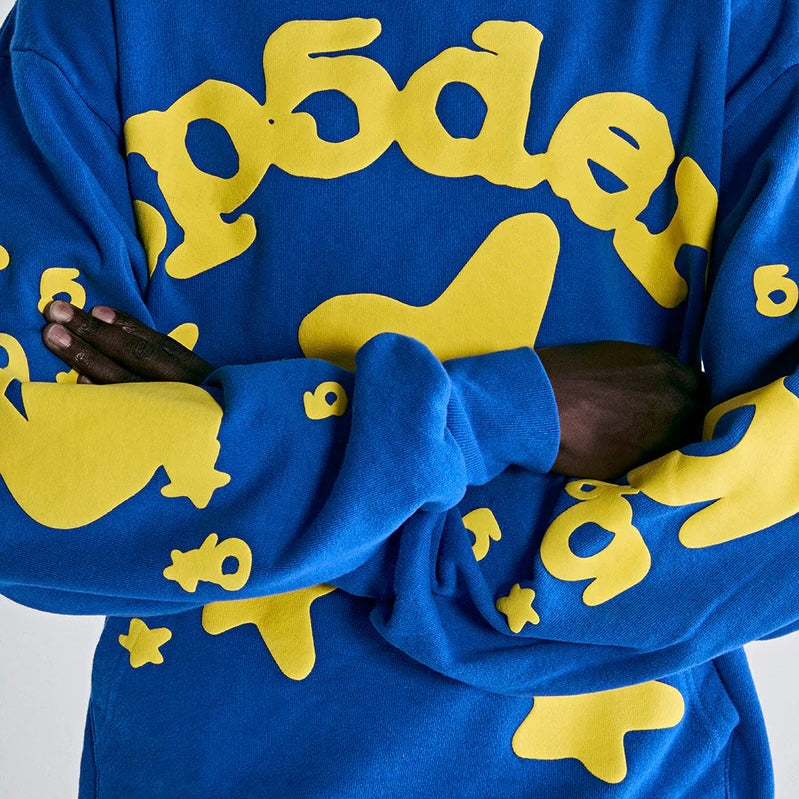 Sp5der Blue Gold Beluga Hoodie On Body Close