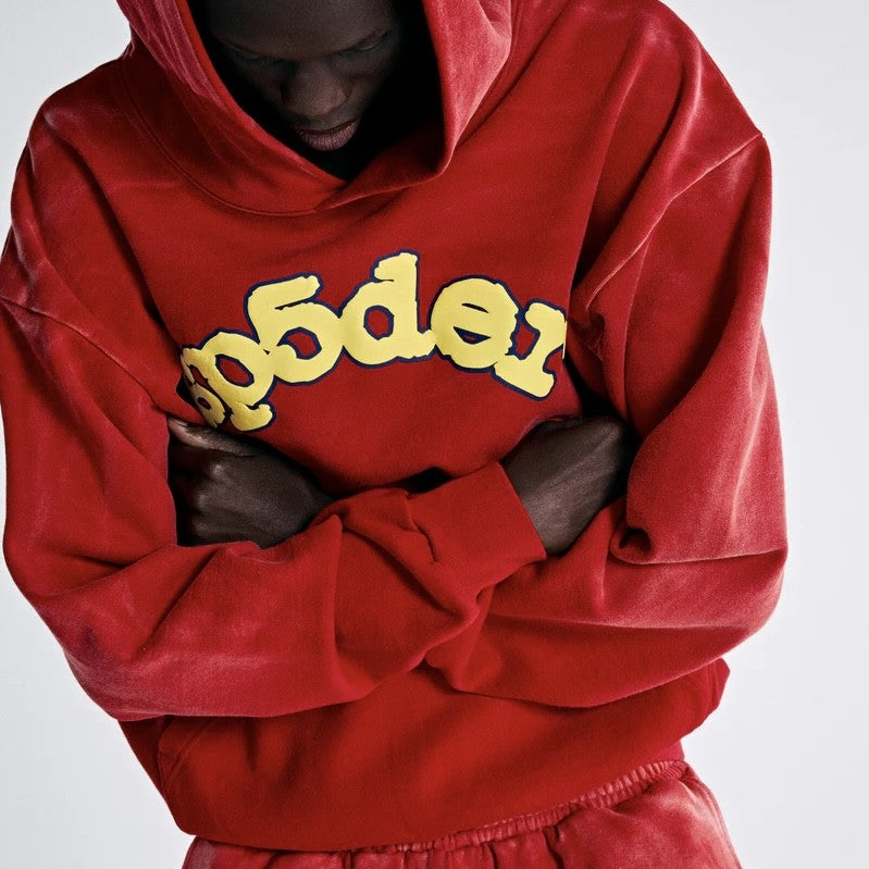 Sp5der OG Logo Red Yellow Hoodie On Body Close