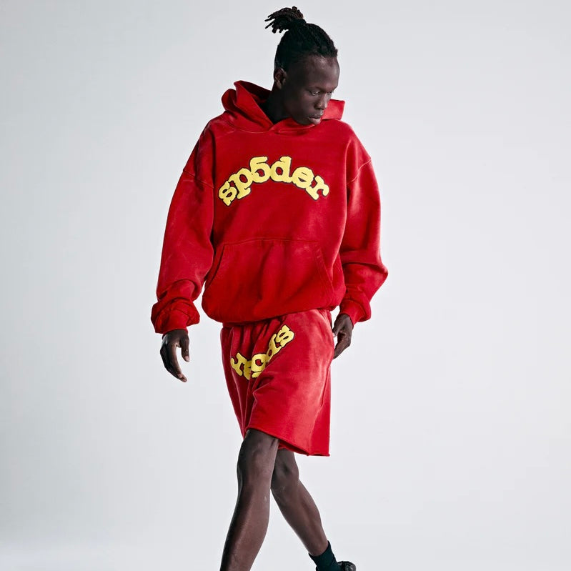 Sp5der OG Logo Red Yellow Hoodie On Body Full