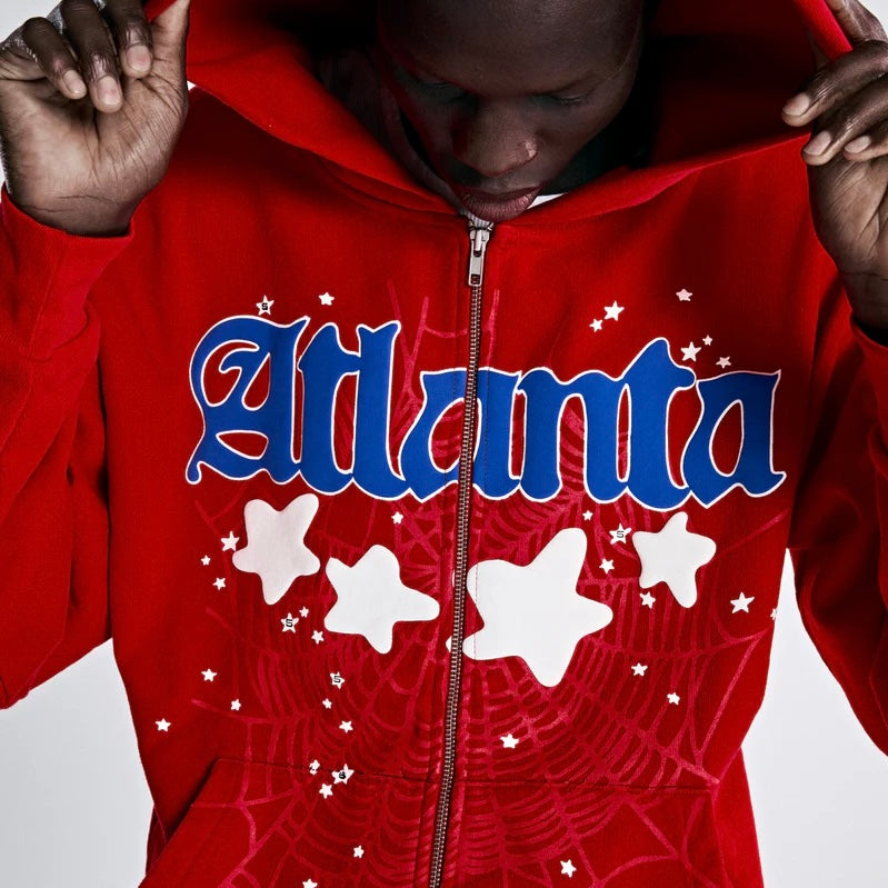 Sp5der Red Blue Atlanta Zip Hoodie On Body Close Hood