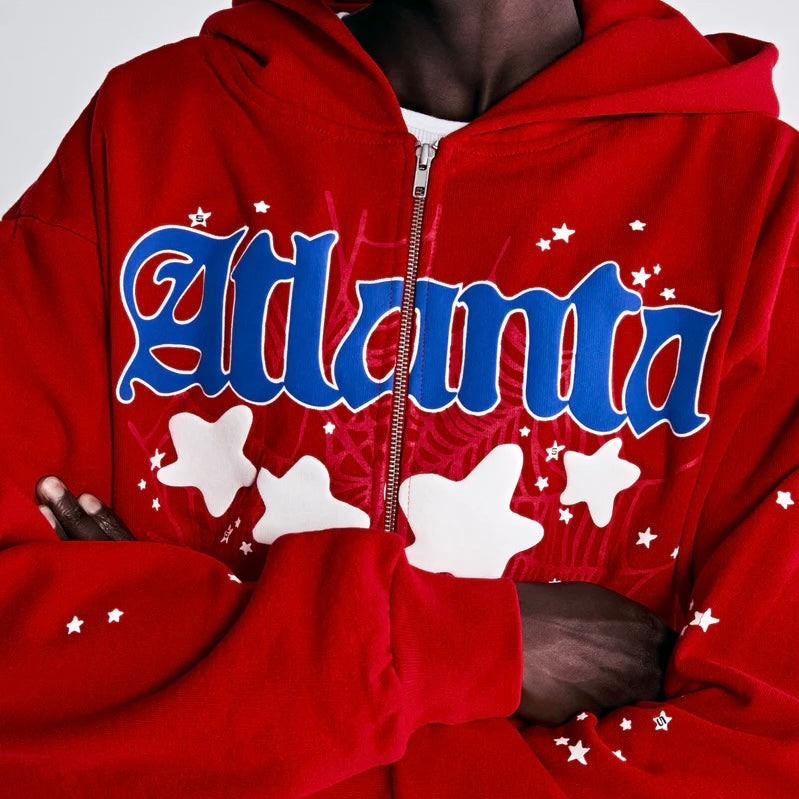 Sp5der Red Blue Atlanta Zip Hoodie On Body Close