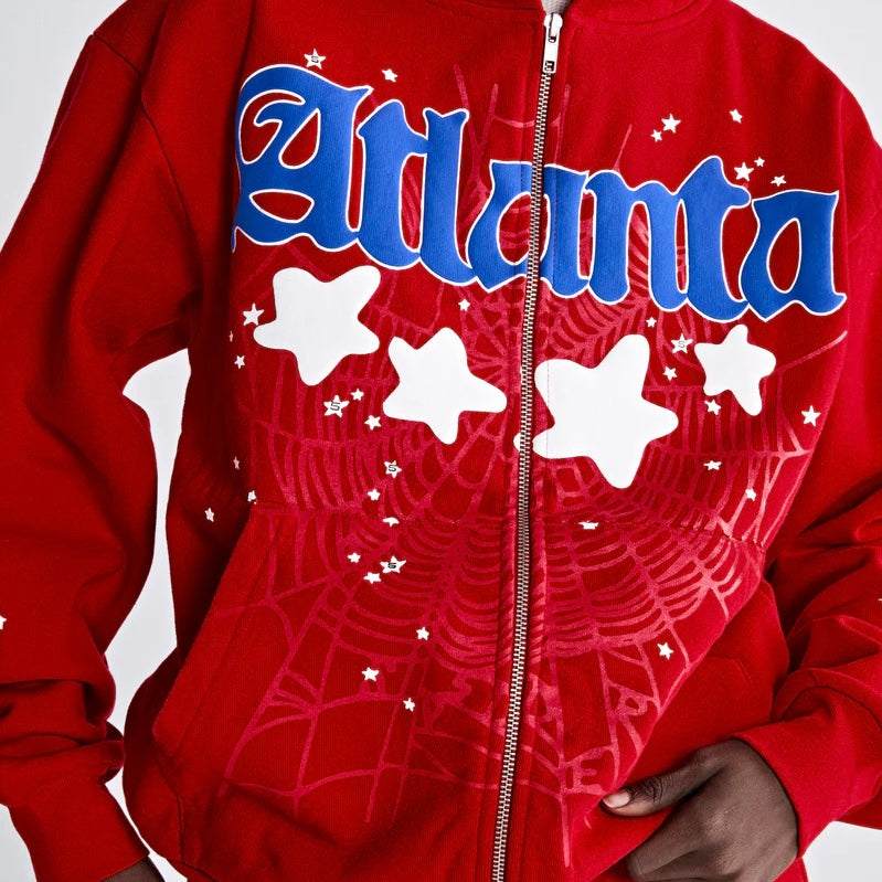 Sp5der Red Blue Atlanta Zip Hoodie On Body Close 2