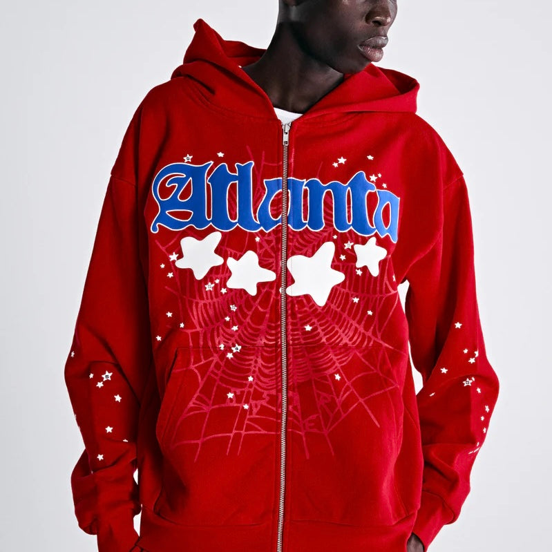 Sp5der Red Blue Atlanta Zip Hoodie On Body Front