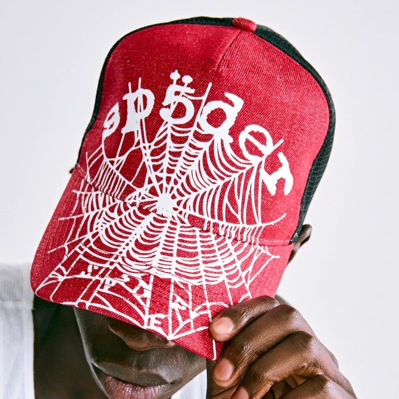 Sp5der Red Denim OG Web V2 Trucker Hat On Body 3