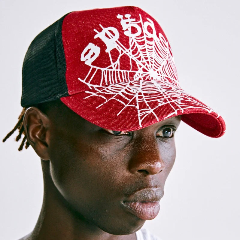 Sp5der Red Denim OG Web V2 Trucker Hat On Body 2